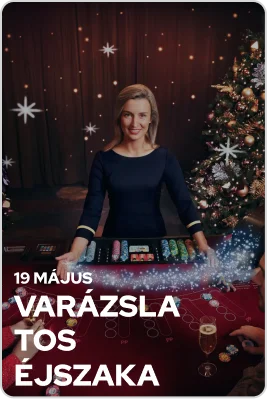 Egy női kaszinóosztó, aki egy ünnepi fényekkel és zsetonokkal díszített játékasztalt vezet egy luxus kaszinóban